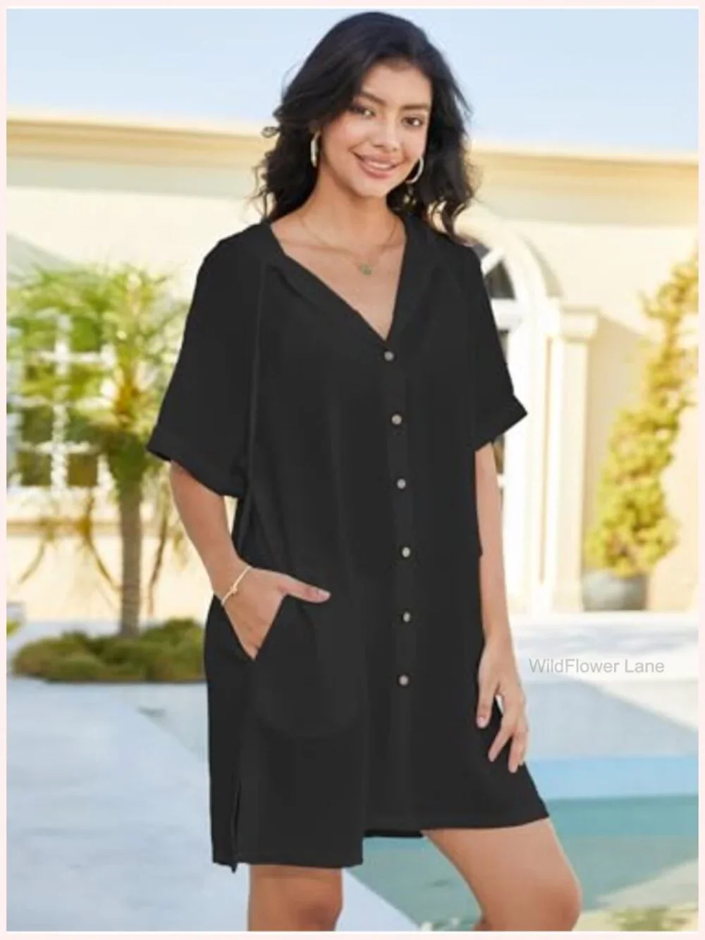 Women's Swimsuit Cover Up Button Down Hooded Shirt with Pockets Long Length